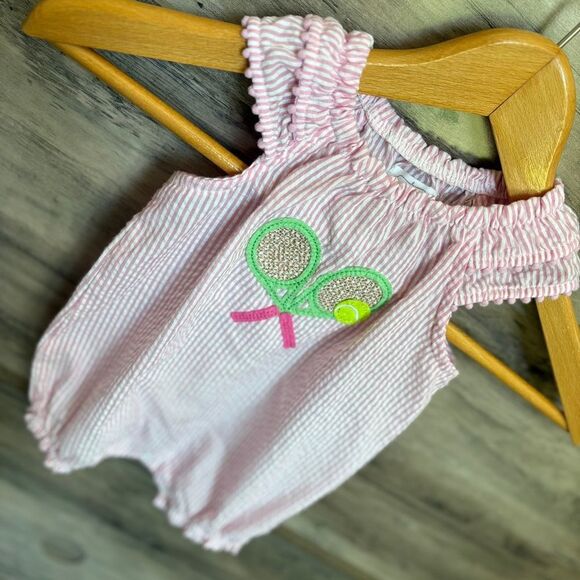 Mud Pie Pink & White Striped Seersucker Ruffle Romper w/ Tennis Racquets & Ball - Picture 11 of 11